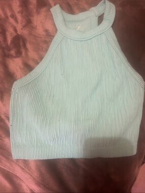 Light Blue Ribbed Halter Crop Top - Women